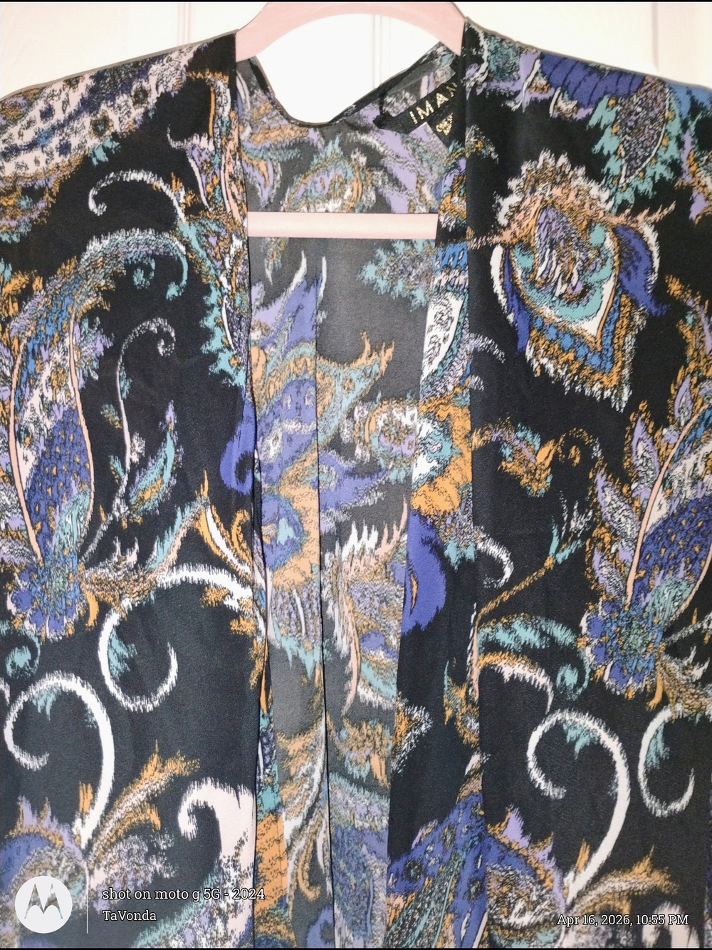 🔥IMAN Black Paisley-Print Open Front Kimono with Blue and Gold Accents🔥